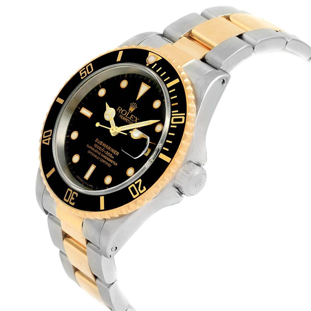 This image shows a Rolex Submariner 16613 Men's Steel and Gold (two tone) Black Dial 16613 Men's Steel and Gold (two tone) Black Dial watch with a two-tone stainless steel and gold bracelet, at an angled side view.