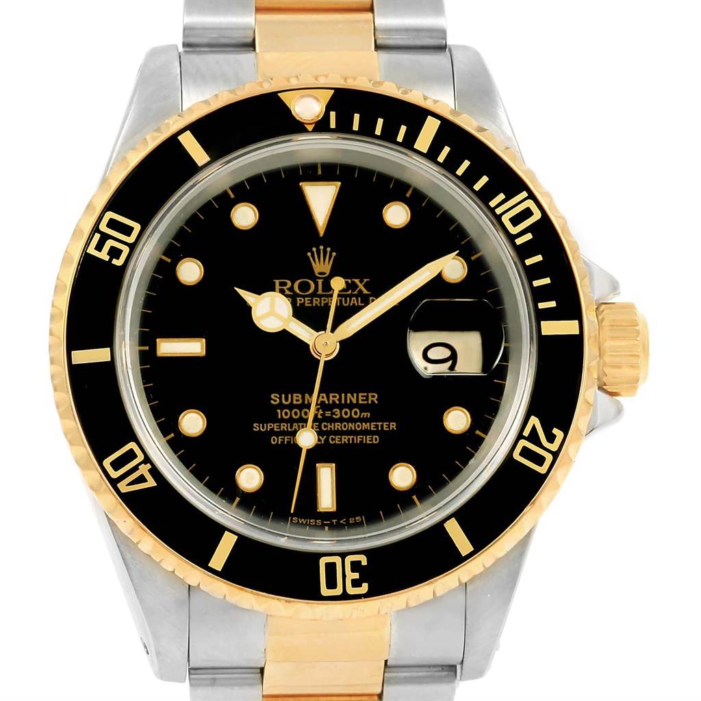 The image shows a front view of a Rolex Submariner 16613 Men's Steel and Gold (two tone) Black Dial 16613 Men's Steel and Gold (two tone) Black Dial watch, highlighting the dial, bezel, and part of the bracelet.