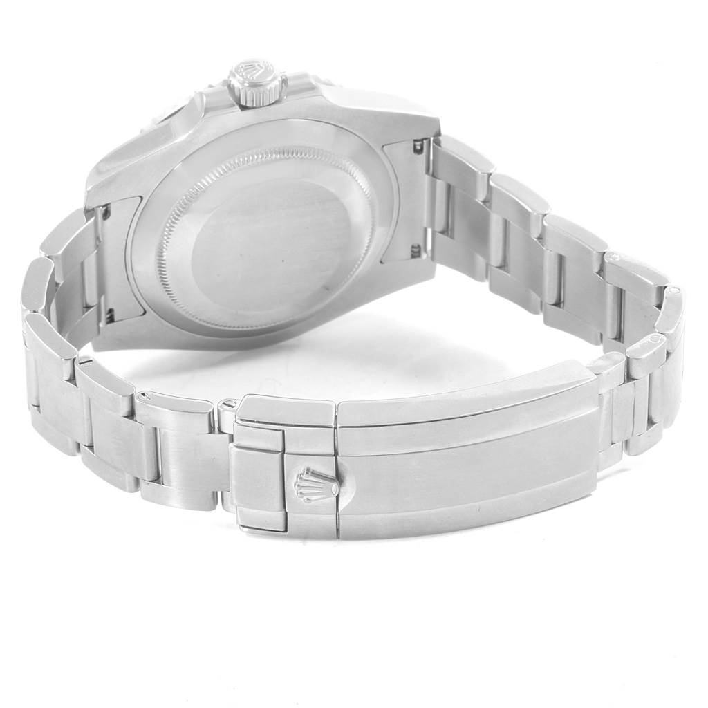 This image shows the back and bracelet clasp of a Rolex Submariner 116610 Men
s Stainless Steel Black Dial 116610 Men
s Stainless Steel Black Dial watch from an angle slightly behind the tilted case.