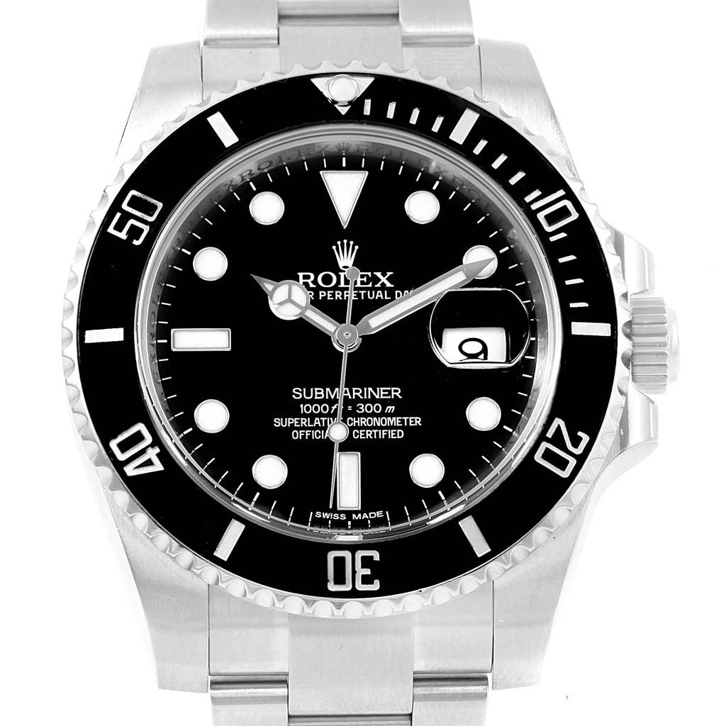 The image shows a close-up of the Rolex Submariner 116610 Men
s Stainless Steel Black Dial 116610 Men
s Stainless Steel Black Dial watch, highlighting its black dial, bezel, crown, and bracelet.