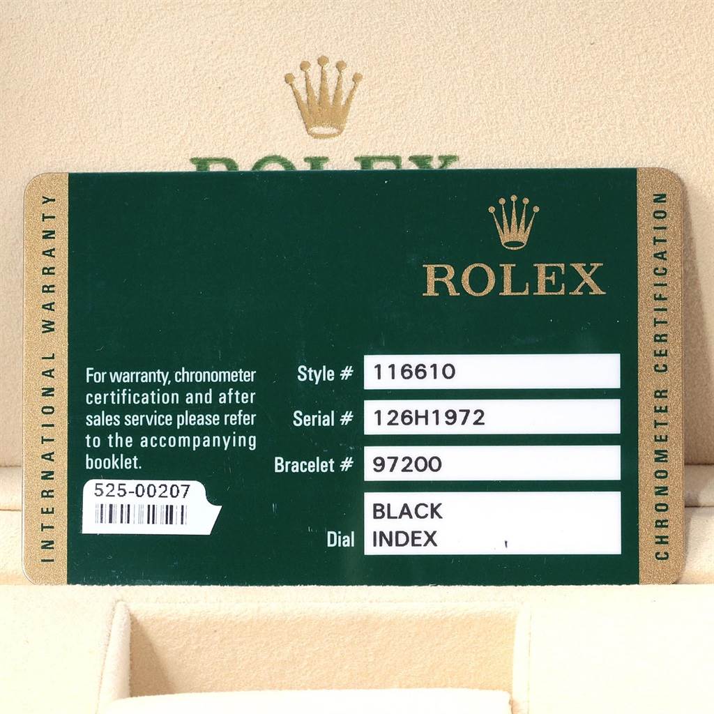 The image shows the warranty card for a Rolex Submariner 116610 Men
s Stainless Steel Black Dial 116610 Men
s Stainless Steel Black Dial watch, displaying details like style, serial, bracelet numbers, and dial information.