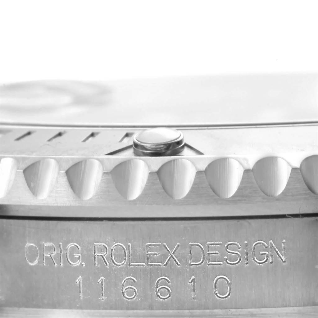 This image shows a close-up angle of the bezel and model number of a Rolex Submariner 116610 Men
s Stainless Steel Black Dial 116610 Men
s Stainless Steel Black Dial watch.