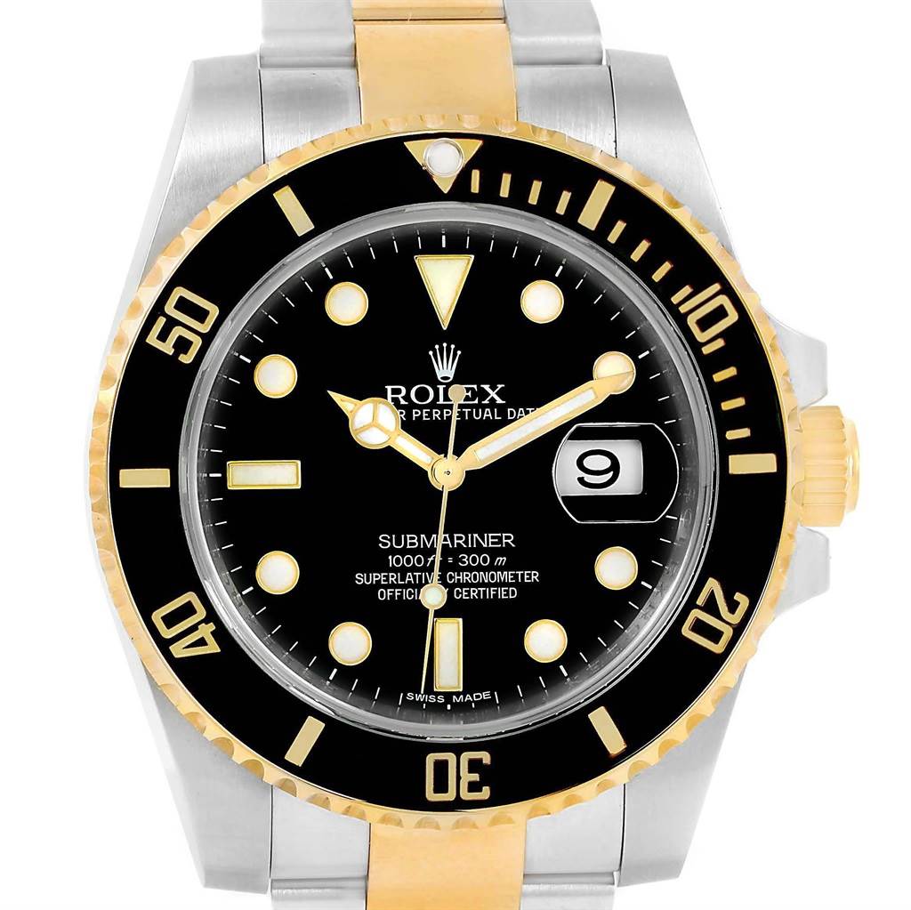 This image shows a Rolex Submariner 116613 Men's Steel and Gold (two tone) Black Dial 116613 Men's Steel and Gold (two tone) Black Dial watch viewed from the front, highlighting its black dial, gold accents, and metal bracelet.
