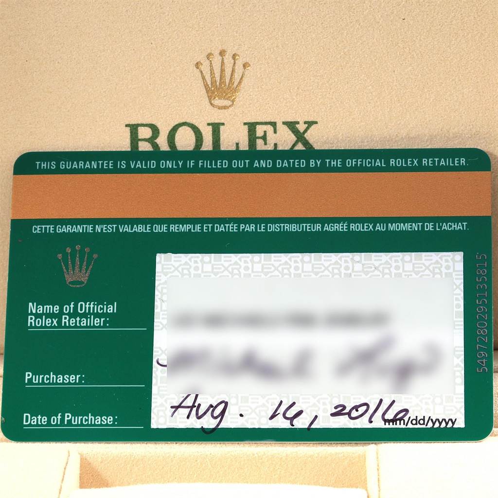 This image shows a guarantee card for a Rolex Submariner 116613 Men's Steel and Gold (two tone) Black Dial 116613 Men's Steel and Gold (two tone) Black Dial watch, displaying brand information and purchase details.