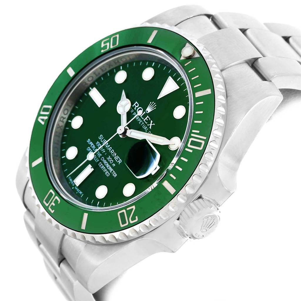 The image shows a close-up angle of a Rolex Submariner 16610LV Men's Stainless Steel Green Dial 16610LV Men's Stainless Steel Green Dial watch, highlighting its green dial, bezel, hands, and part of the stainless steel bracelet.