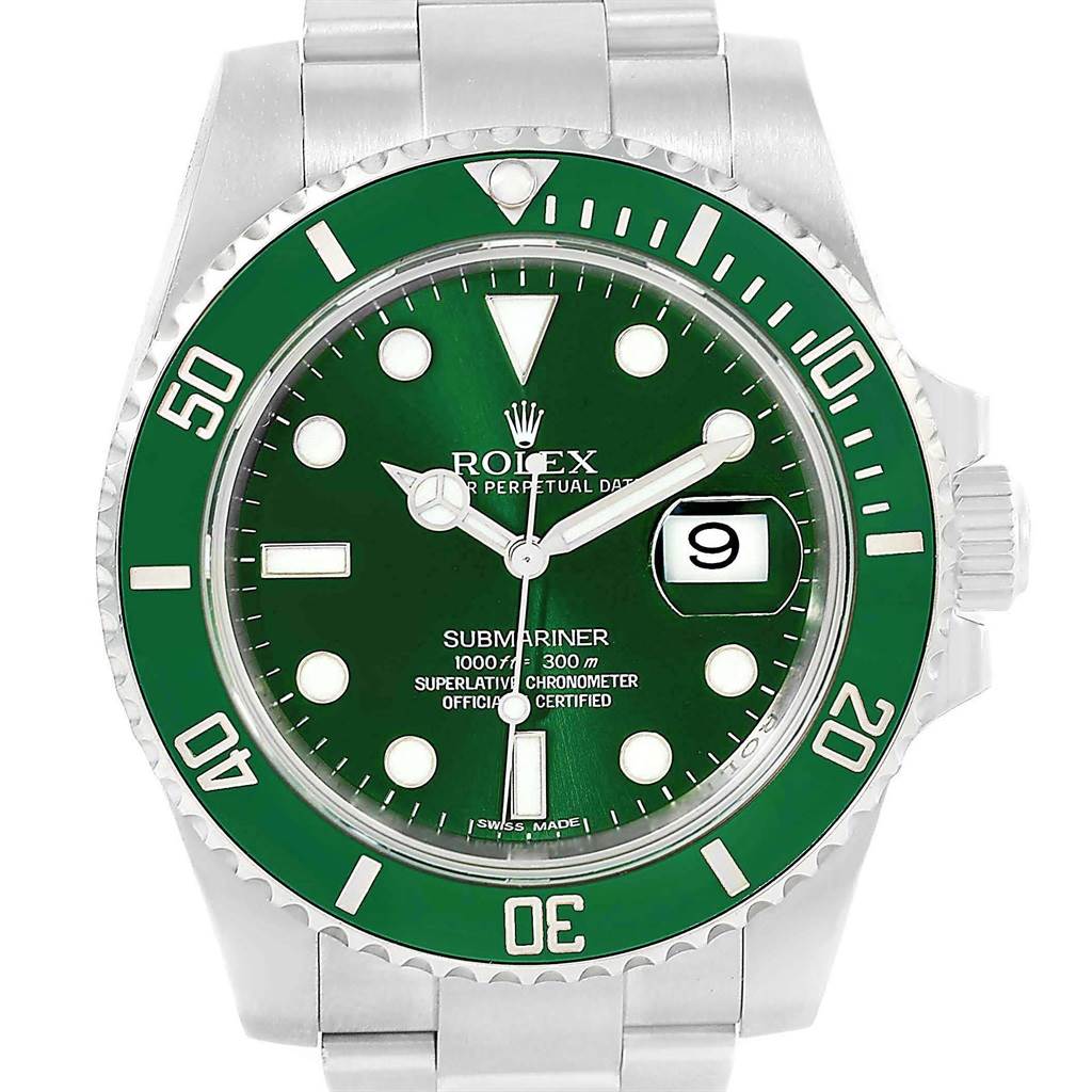 This image shows a Rolex Submariner 16610LV Men's Stainless Steel Green Dial 16610LV Men's Stainless Steel Green Dial watch with a green bezel and dial from a front, close-up angle.