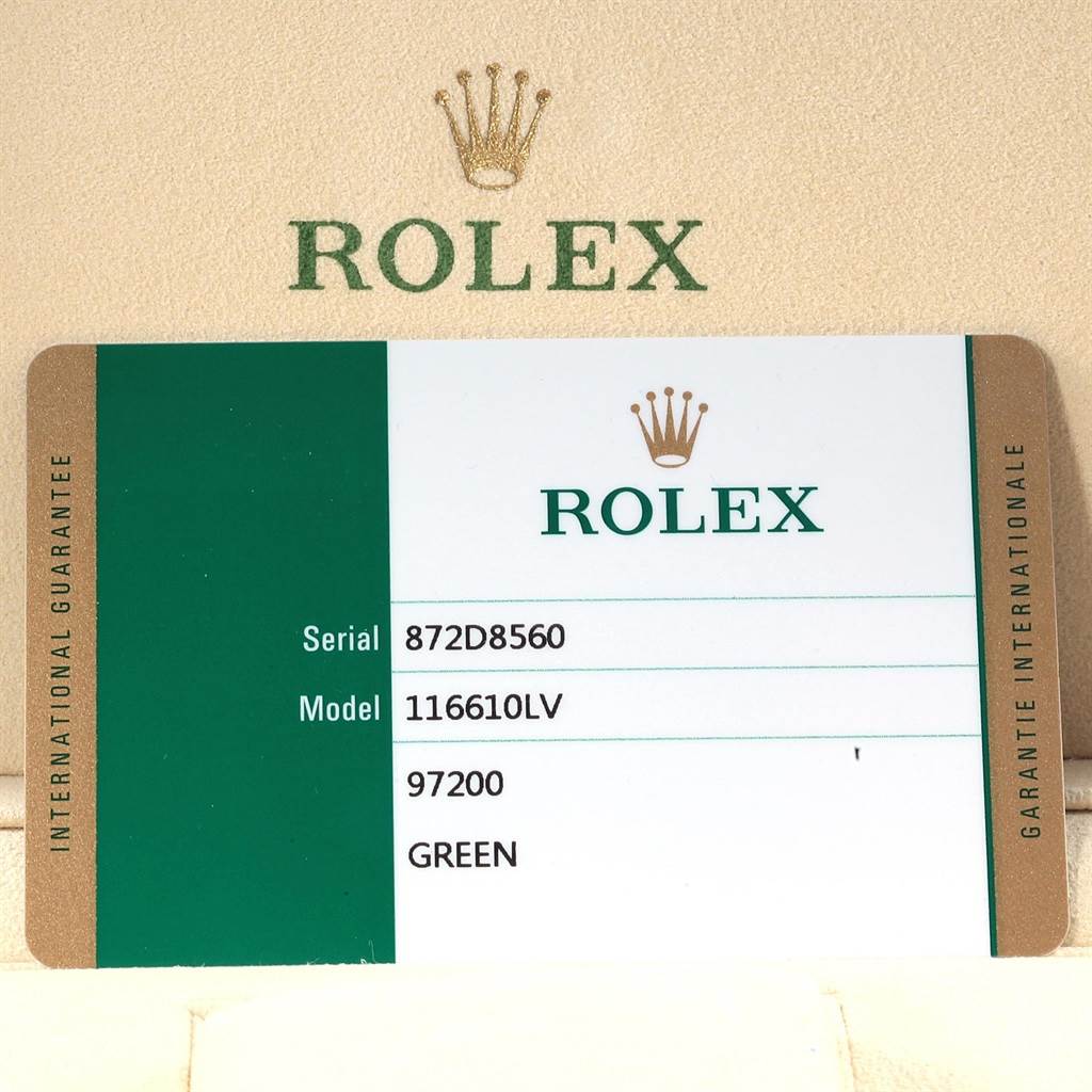 The image shows a guarantee card for a Rolex Submariner 16610LV Men's Stainless Steel Green Dial 16610LV Men's Stainless Steel Green Dial, model 116610LV.