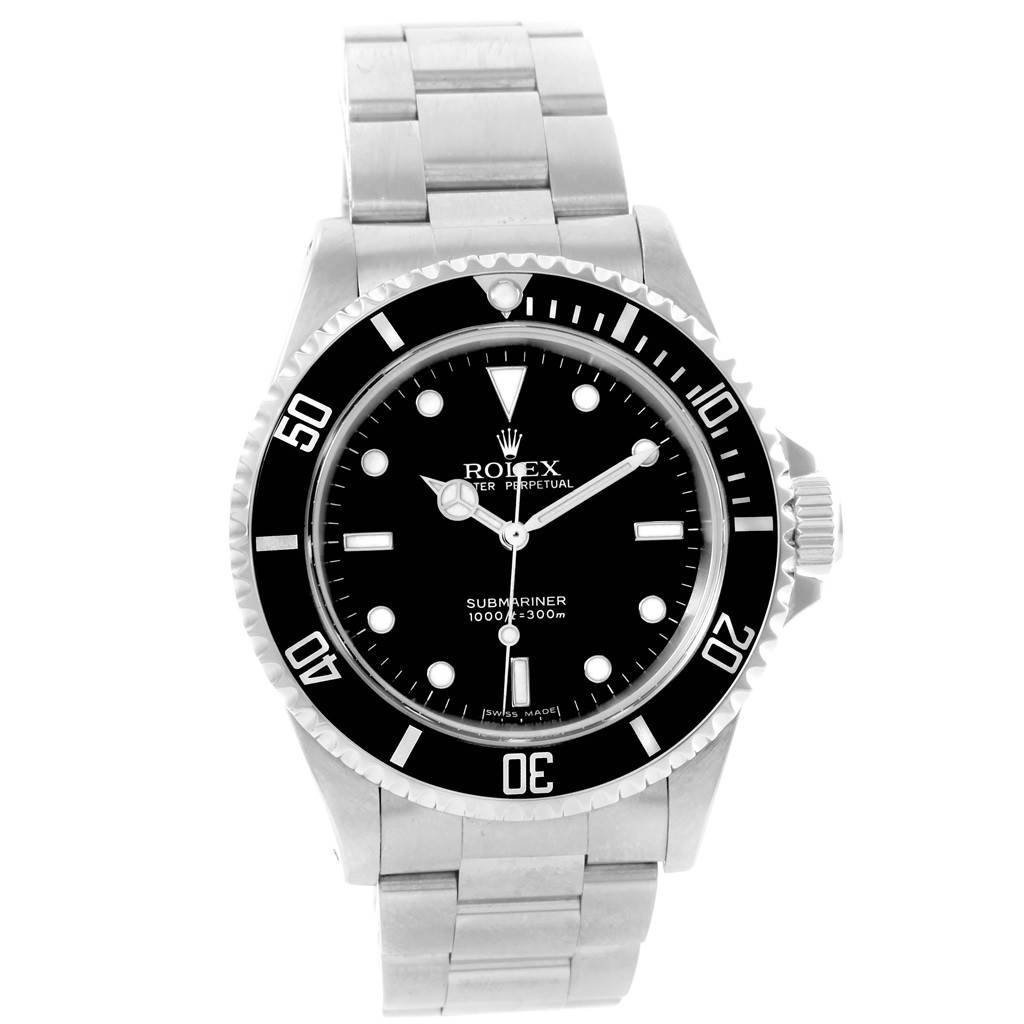 The Rolex Submariner 14060 Men
s Stainless Steel Black Dial 14060 Men
s Stainless Steel Black Dial watch is shown from a front angle, displaying its face, bezel, and part of the bracelet.
