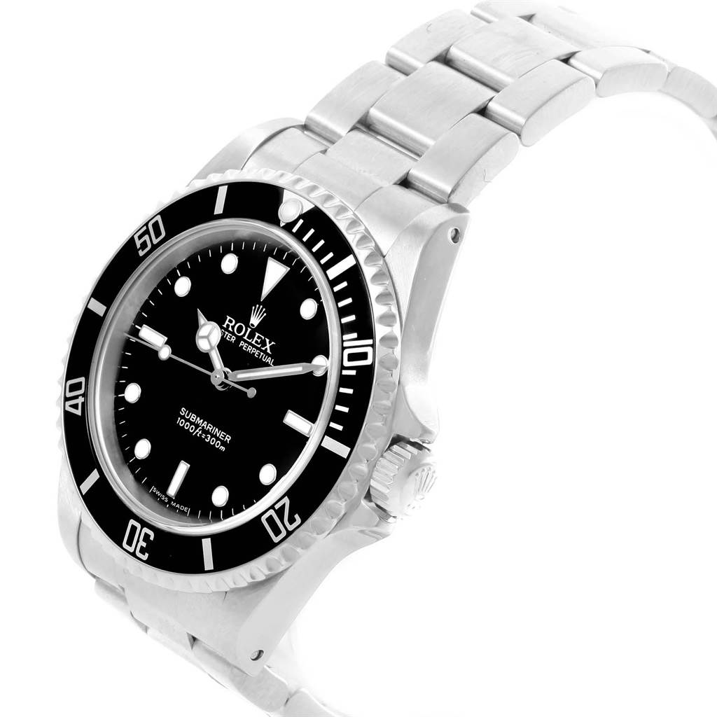 The Rolex Submariner 14060 Men
s Stainless Steel Black Dial 14060 Men
s Stainless Steel Black Dial watch is shown at an angled view, highlighting its black dial, bezel, crown, and stainless steel bracelet.