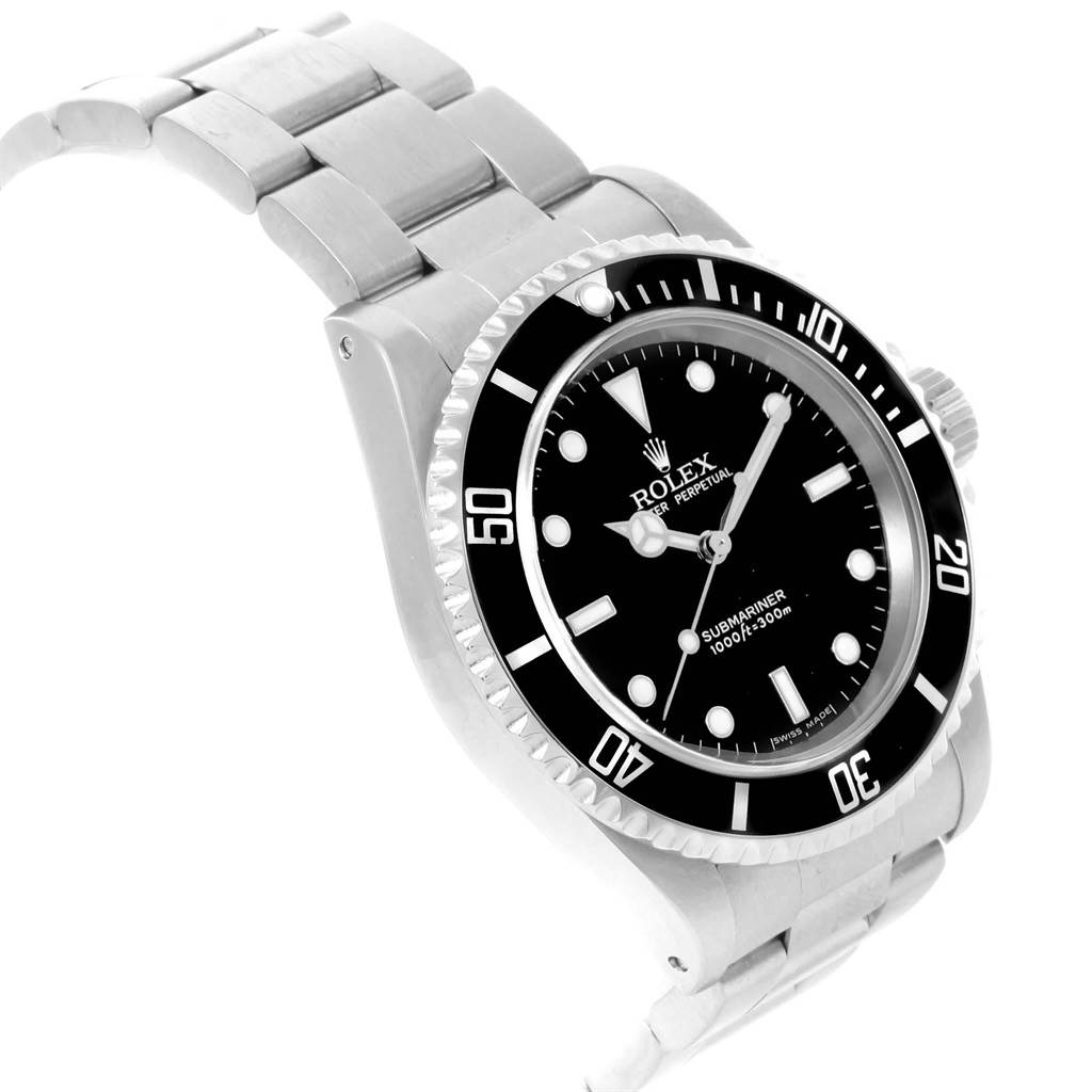 The image shows a Rolex Submariner 14060 Men
s Stainless Steel Black Dial 14060 Men
s Stainless Steel Black Dial watch at a slight angle from above, highlighting its dial, bezel, and bracelet.