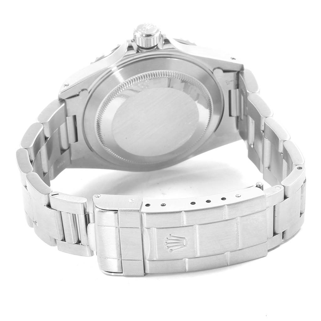 This image shows the back view of a Rolex Submariner 14060 Men
s Stainless Steel Black Dial 14060 Men
s Stainless Steel Black Dial watch, highlighting its clasp and bracelet.