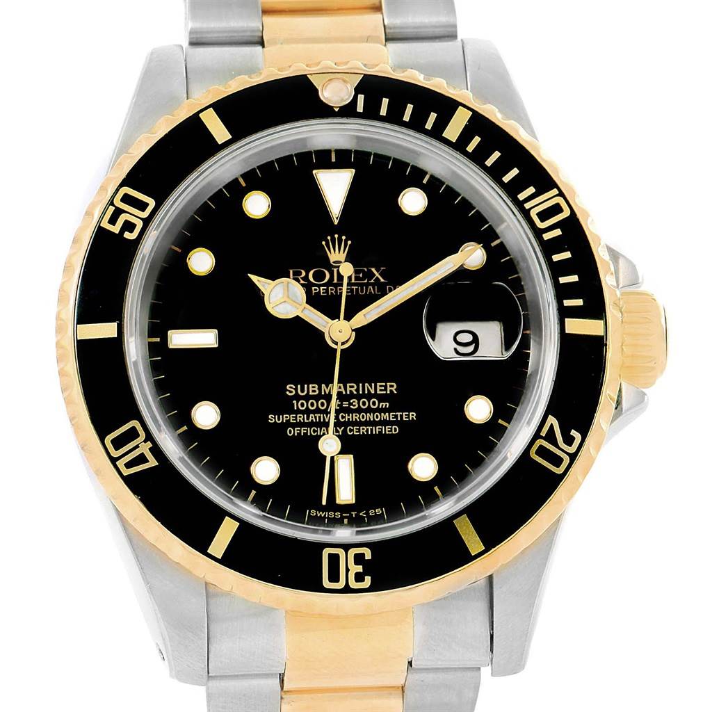This image shows the front view of a Rolex Submariner 16613 Men's Steel and Gold (two tone) Black Dial 16613 Men's Steel and Gold (two tone) Black Dial watch, highlighting the bezel, dial, hour markers, hands, and bracelet.