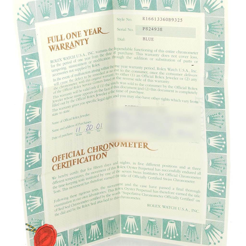 The image shows a warranty and certification document for a Rolex Submariner 16613 Men
s Steel and Gold (two tone) Blue Dial 16613 Men
s Steel and Gold (two tone) Blue Dial watch.