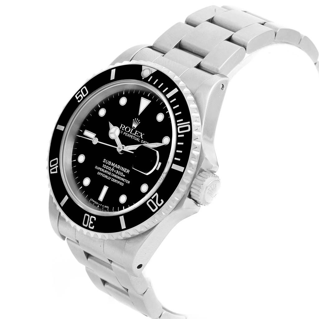 The Rolex Submariner 16610 Men
s Stainless Steel Black Dial 16610 Men
s Stainless Steel Black Dial watch is shown from an angled perspective displaying the dial, bezel, crown, and bracelet.