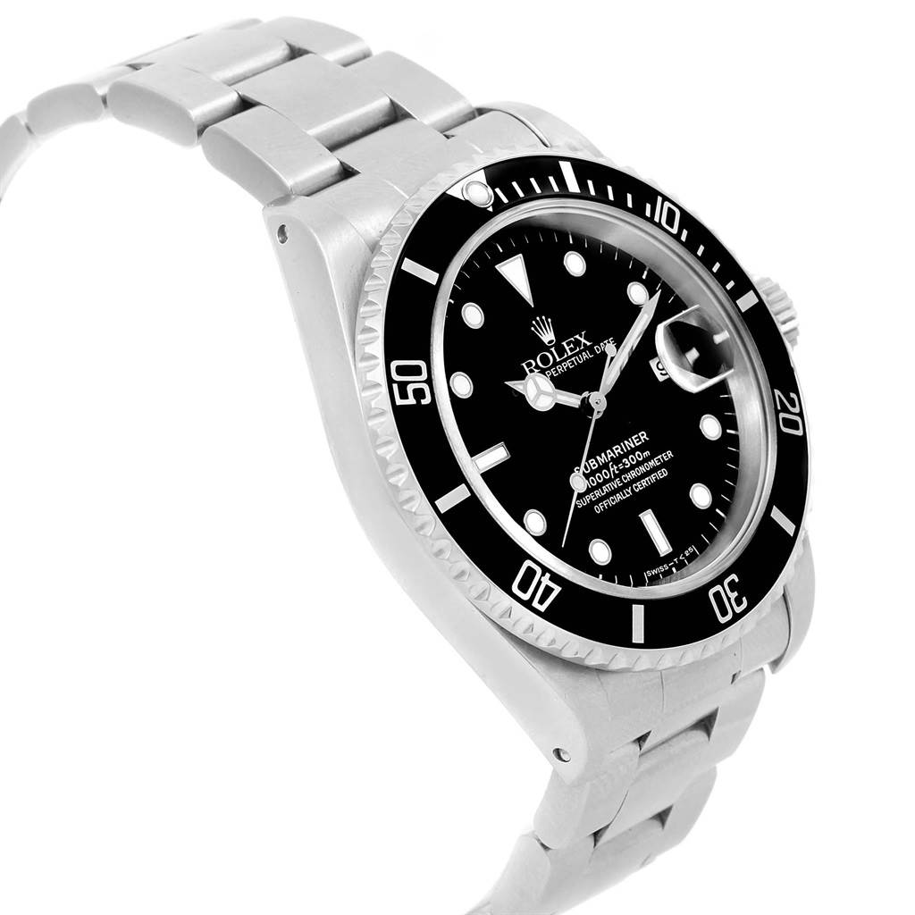 This image shows a side angle of a Rolex Submariner 16610 Men
s Stainless Steel Black Dial 16610 Men
s Stainless Steel Black Dial watch, highlighting the bezel, dial, and bracelet.