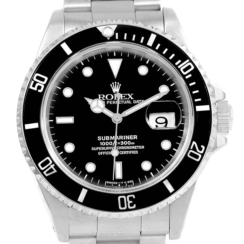 A front view of a Rolex Submariner 16610 Men
s Stainless Steel Black Dial 16610 Men
s Stainless Steel Black Dial watch showing the dial, bezel, crown, and part of the bracelet.
