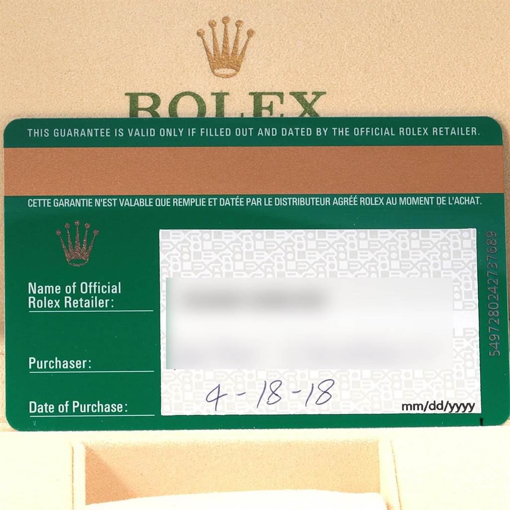 The image shows a guarantee card for the Rolex Submariner 116610 Men
s Stainless Steel Black Dial 116610 Men
s Stainless Steel Black Dial watch, dated April 18, 2018.