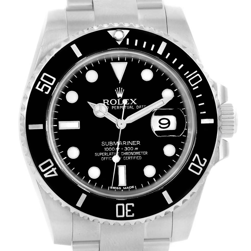 This is a front view of the Rolex Submariner 116610 Men
s Stainless Steel Black Dial 116610 Men
s Stainless Steel Black Dial, showcasing the dial, bezel, and part of the bracelet.