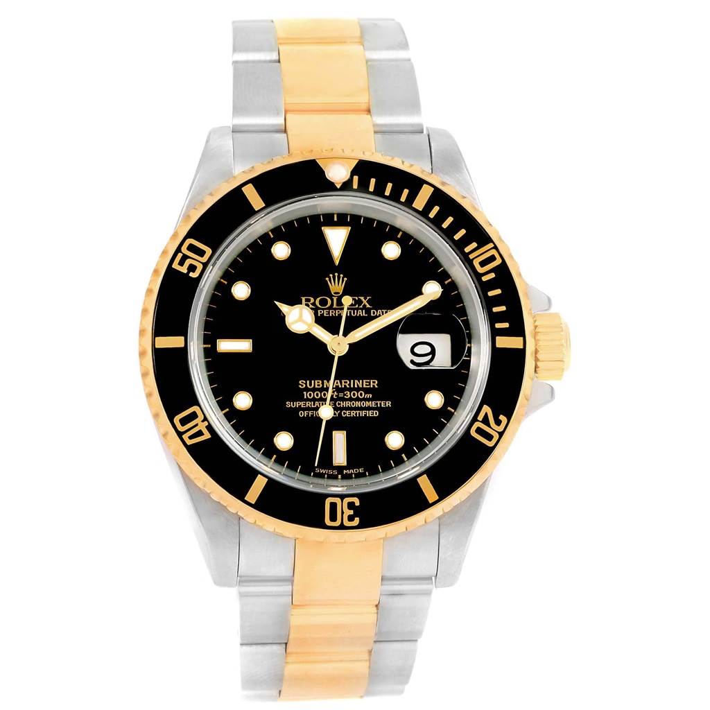 This is a front view of a Rolex Submariner 16613 Men's Steel and Gold (two tone) Black Dial 16613 Men's Steel and Gold (two tone) Black Dial showing its gold and silver bracelet, black rotating bezel, and black dial with date window.