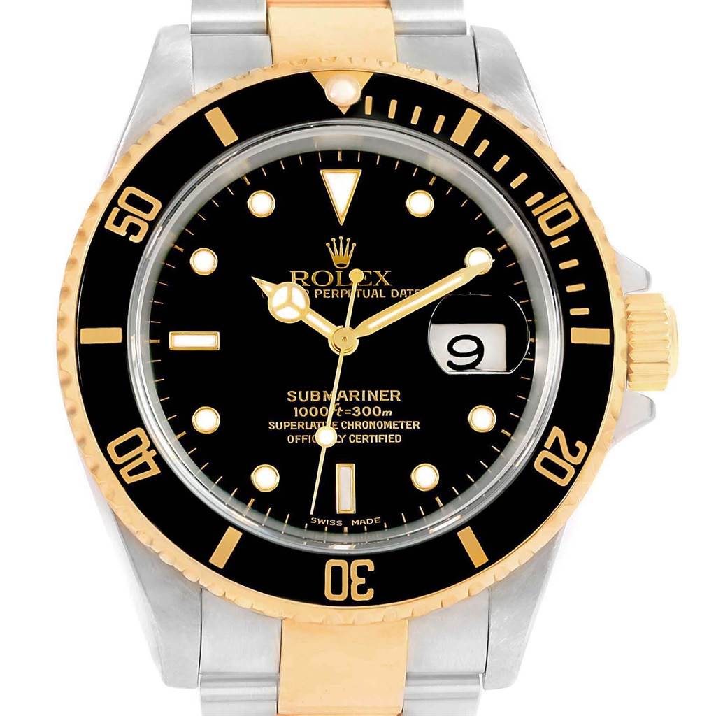 The image shows a front view of a Rolex Submariner 16613 Men's Steel and Gold (two tone) Black Dial 16613 Men's Steel and Gold (two tone) Black Dial watch, displaying its black dial, gold accents, and a date window at the 3 o'clock position.