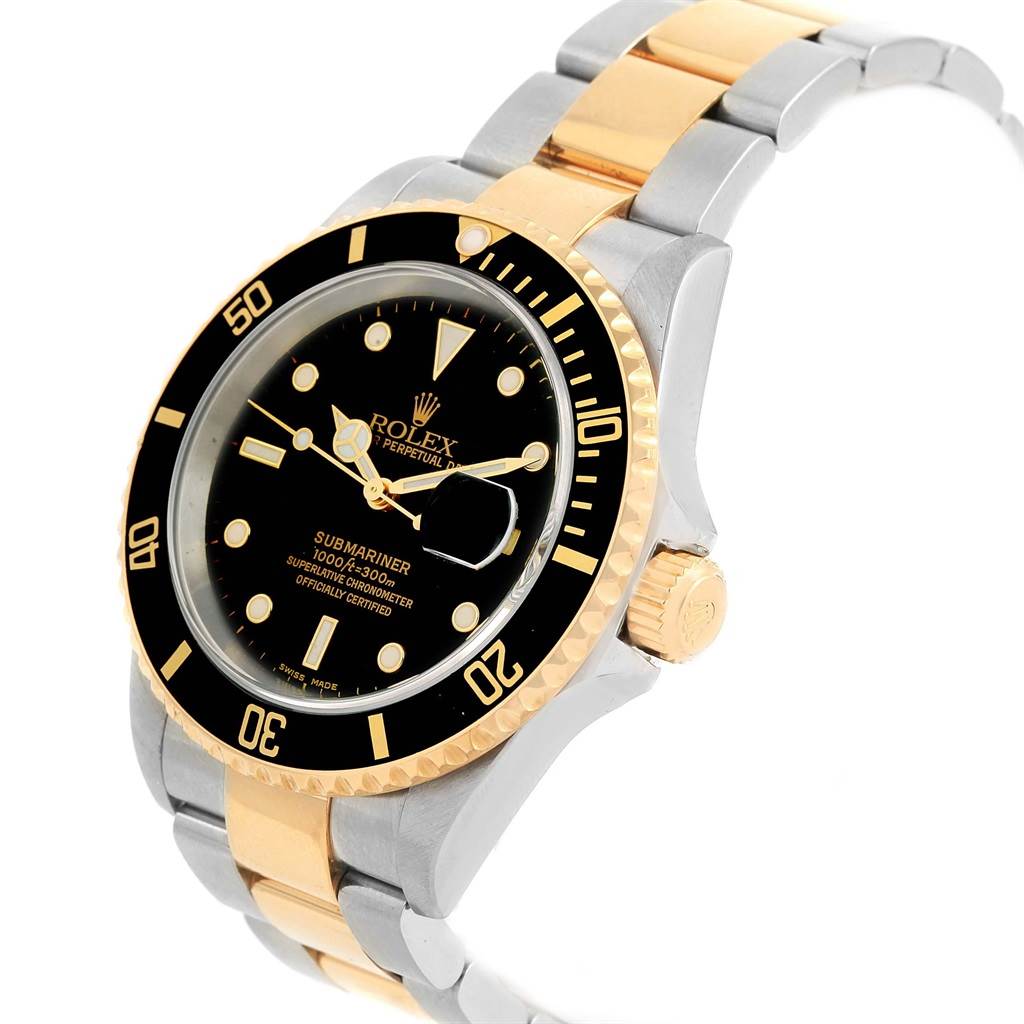 The Rolex Submariner 16613 Men's Steel and Gold (two tone) Black Dial 16613 Men's Steel and Gold (two tone) Black Dial watch is shown at an angled side view, displaying the bezel, dial, crown, and two-tone bracelet.