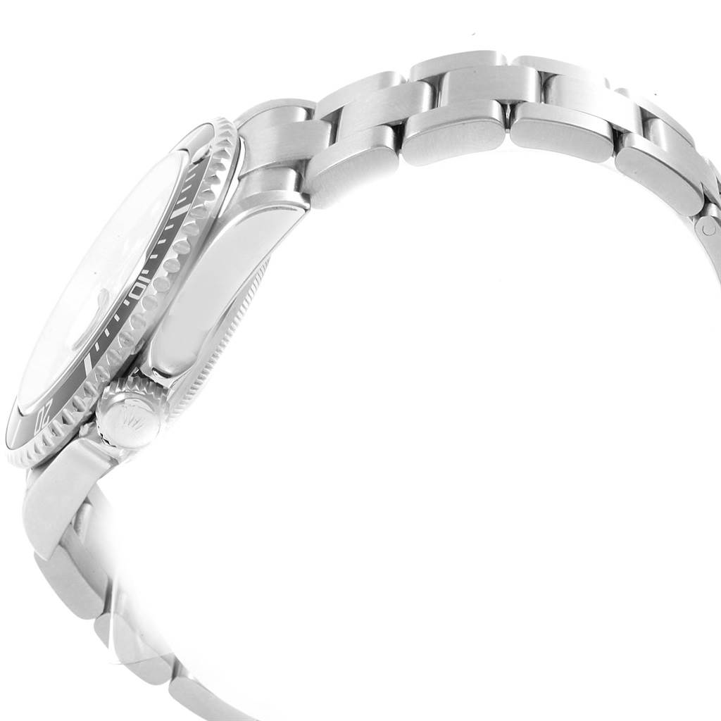 The image shows a side view of a Rolex Submariner 16610 Men
s Stainless Steel Black Dial 16610 Men
s Stainless Steel Black Dial watch, focusing on its bezel, crown, and bracelet.