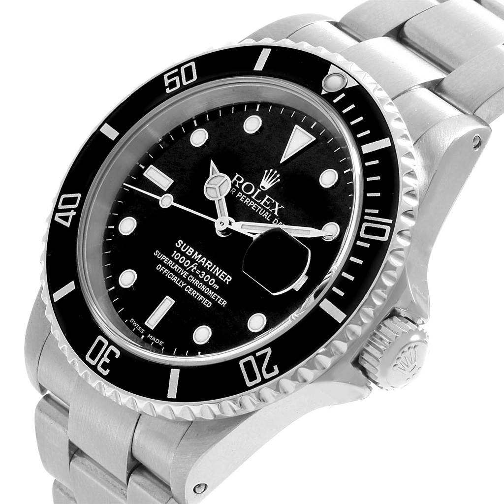 This image shows a Rolex Submariner 16610 Men
s Stainless Steel Black Dial 16610 Men
s Stainless Steel Black Dial watch from an angled side view highlighting the face, bezel, and part of the bracelet.