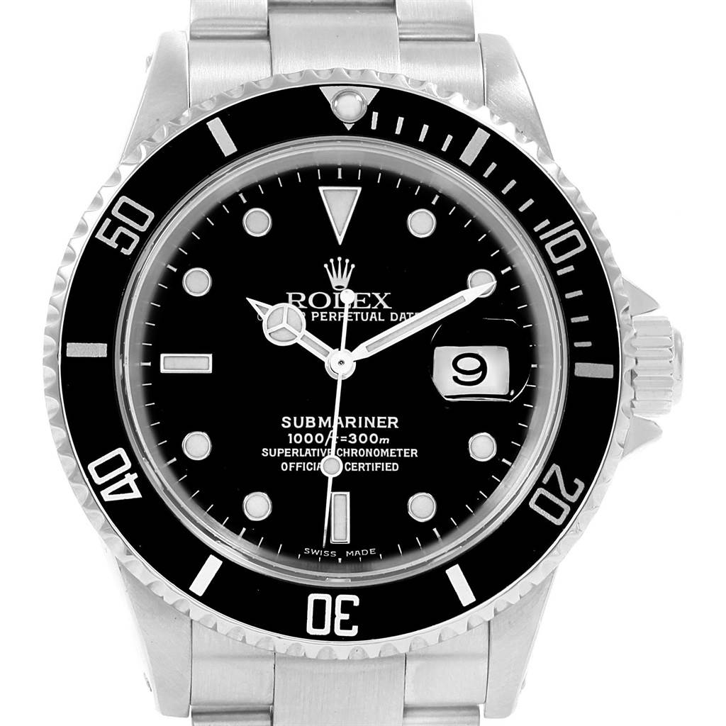 The image shows a frontal view of the Rolex Submariner 16610 Men
s Stainless Steel Black Dial 16610 Men
s Stainless Steel Black Dial watch, highlighting its face, bezel, crown, and part of the bracelet.