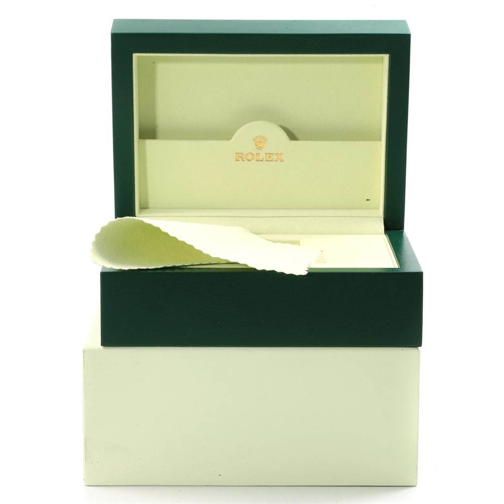 The image shows an open Rolex Submariner 116613 Men's Steel and Gold (two tone) Black Dial 116613 Men's Steel and Gold (two tone) Black Dial watch box with a cleaning cloth inside.