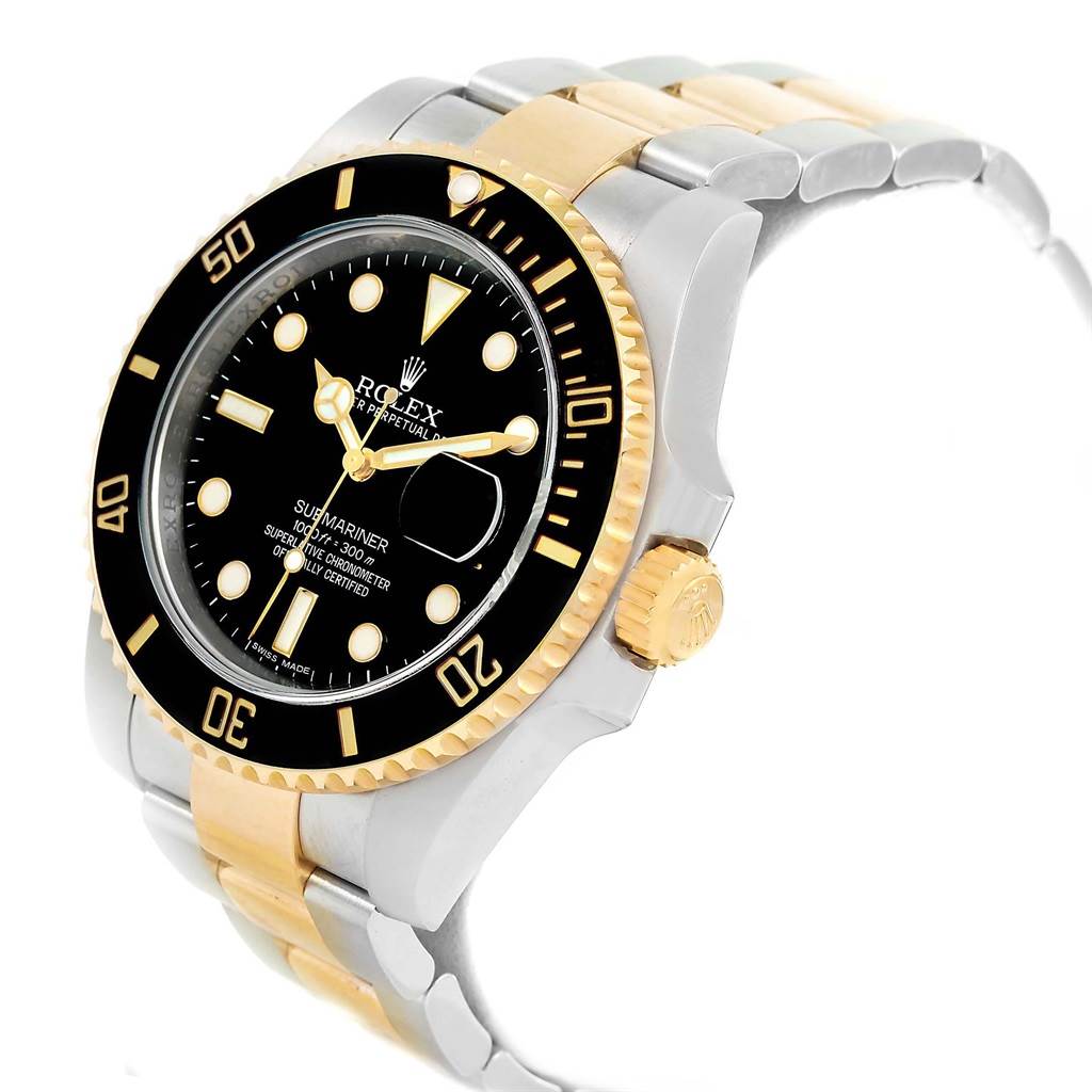 This image shows a Rolex Submariner 116613 Men's Steel and Gold (two tone) Black Dial 116613 Men's Steel and Gold (two tone) Black Dial watch, angled to highlight the bezel, crown, and part of the bracelet.