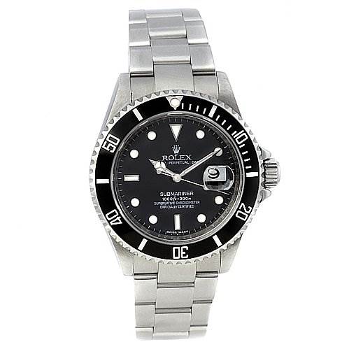 The image shows a front view of a Rolex Submariner 16610 Men's Stainless Steel Black Dial 16610 Men's Stainless Steel Black Dial watch, highlighting the dial, bezel, bracelet, and crown.