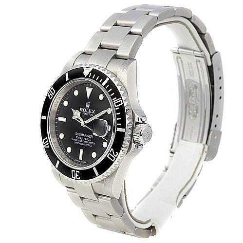 The image shows a side angle of the Rolex Submariner 16610 Men's Stainless Steel Black Dial 16610 Men's Stainless Steel Black Dial, displaying its bezel, crown, dial, and stainless steel bracelet.