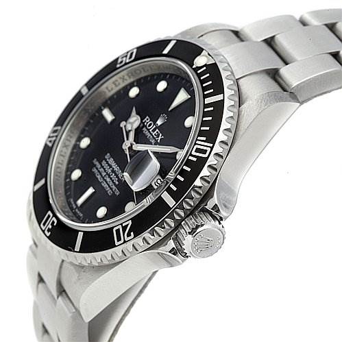 The image shows a side and partial front view of the Rolex Submariner 16610 Men's Stainless Steel Black Dial 16610 Men's Stainless Steel Black Dial watch, highlighting the bezel, crown, and part of the bracelet.