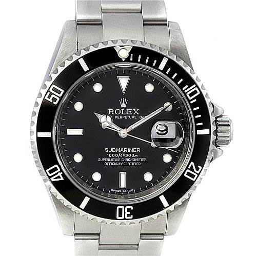 The image shows a front view of the Rolex Submariner 16610 Men's Stainless Steel Black Dial 16610 Men's Stainless Steel Black Dial watch, displaying the dial, bezel, crown, and part of the bracelet.