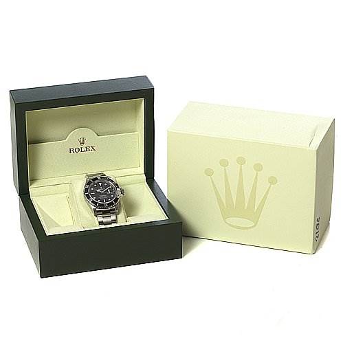 The image shows a Rolex Submariner 16610 Men's Stainless Steel Black Dial 16610 Men's Stainless Steel Black Dial watch at a front angle inside its open display box, with an additional closed box beside it.