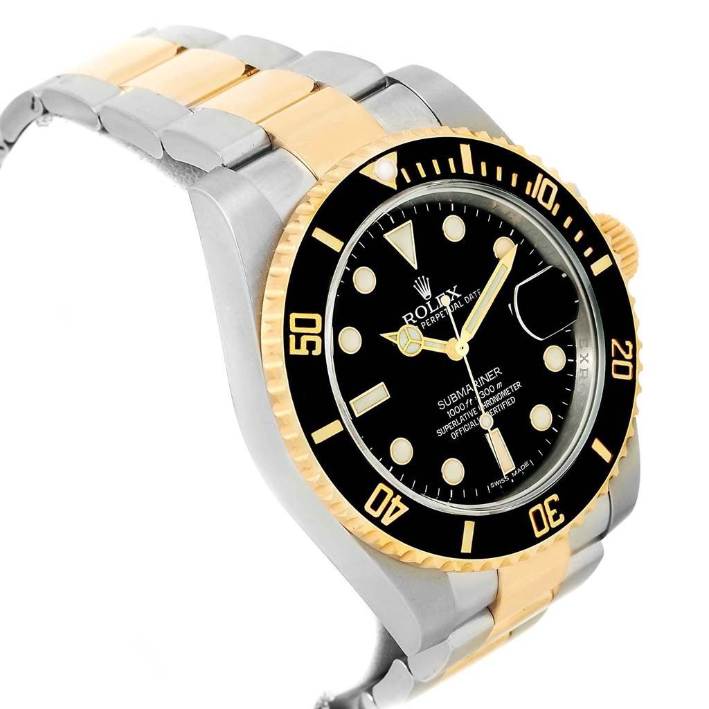 The image shows a Rolex Submariner 116613 Men's Steel and Gold (two tone) Black Dial 116613 Men's Steel and Gold (two tone) Black Dial watch at a slight front angle, highlighting its bezel, dial, and two-tone bracelet.