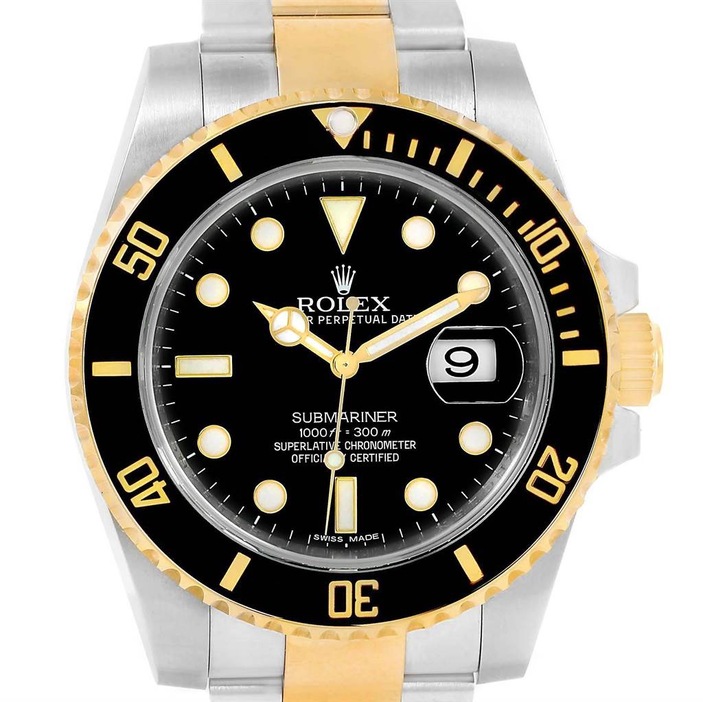 The image shows a front view of a Rolex Submariner 116613 Men's Steel and Gold (two tone) Black Dial 116613 Men's Steel and Gold (two tone) Black Dial watch, highlighting the dial, bezel, and part of the bracelet.