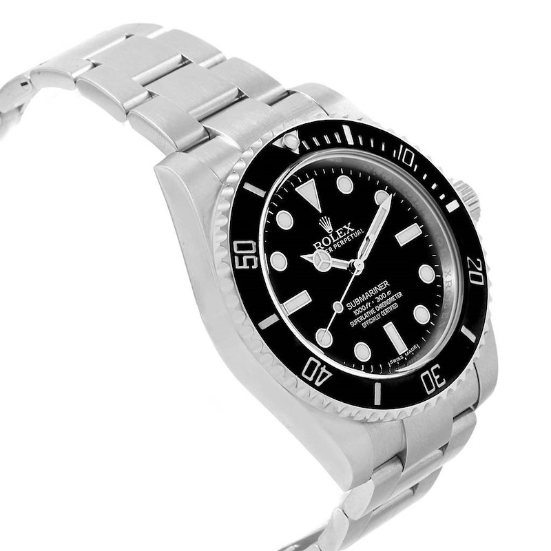 This image shows a Rolex Submariner watch at a three-quarter angle, displaying the watch face, bezel, and bracelet.