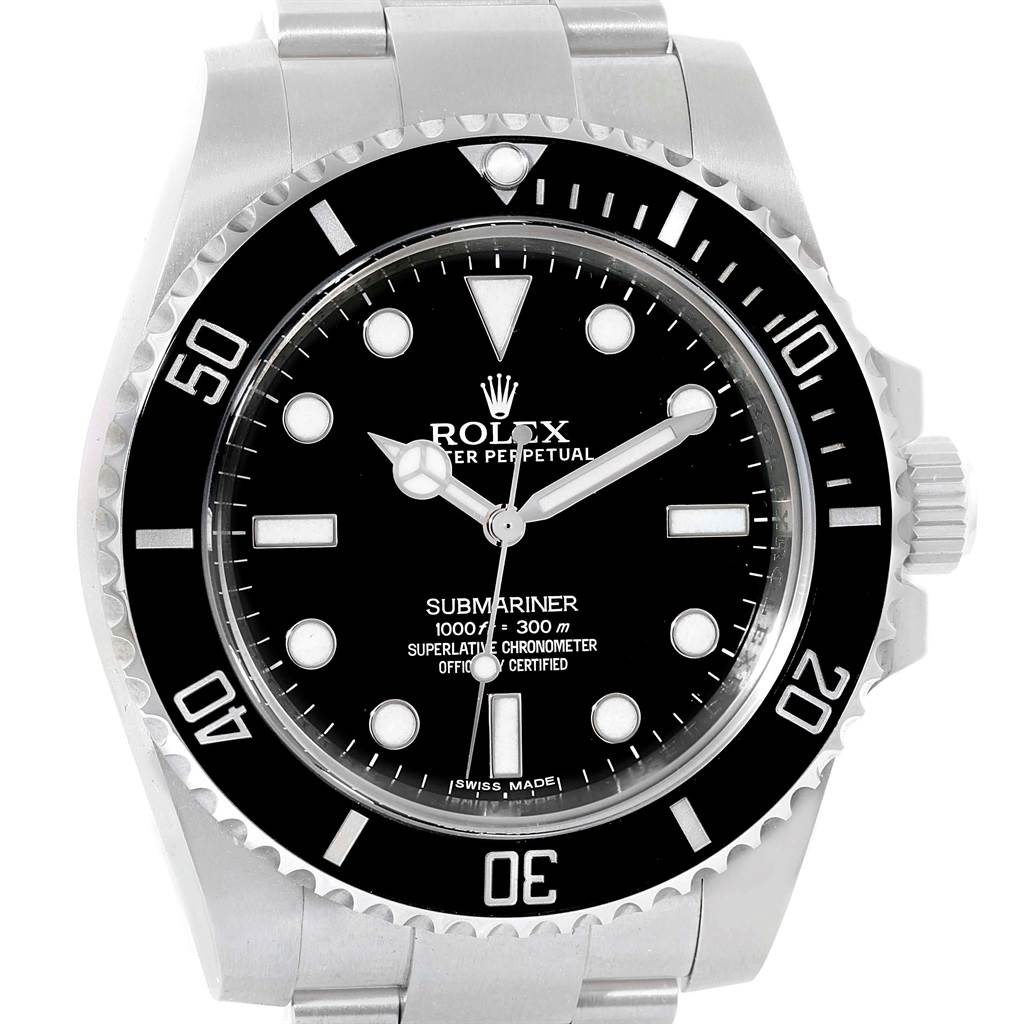 The image shows a front view of the Rolex Submariner 114060 Men
s Stainless Steel Black Dial 114060 Men
s Stainless Steel Black Dial watch, highlighting the dial, bezel, and part of the bracelet.