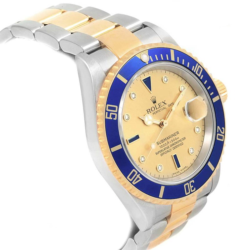 The Rolex Submariner watch is shown from a side view, highlighting its bezel, dial, case, and two-tone bracelet.