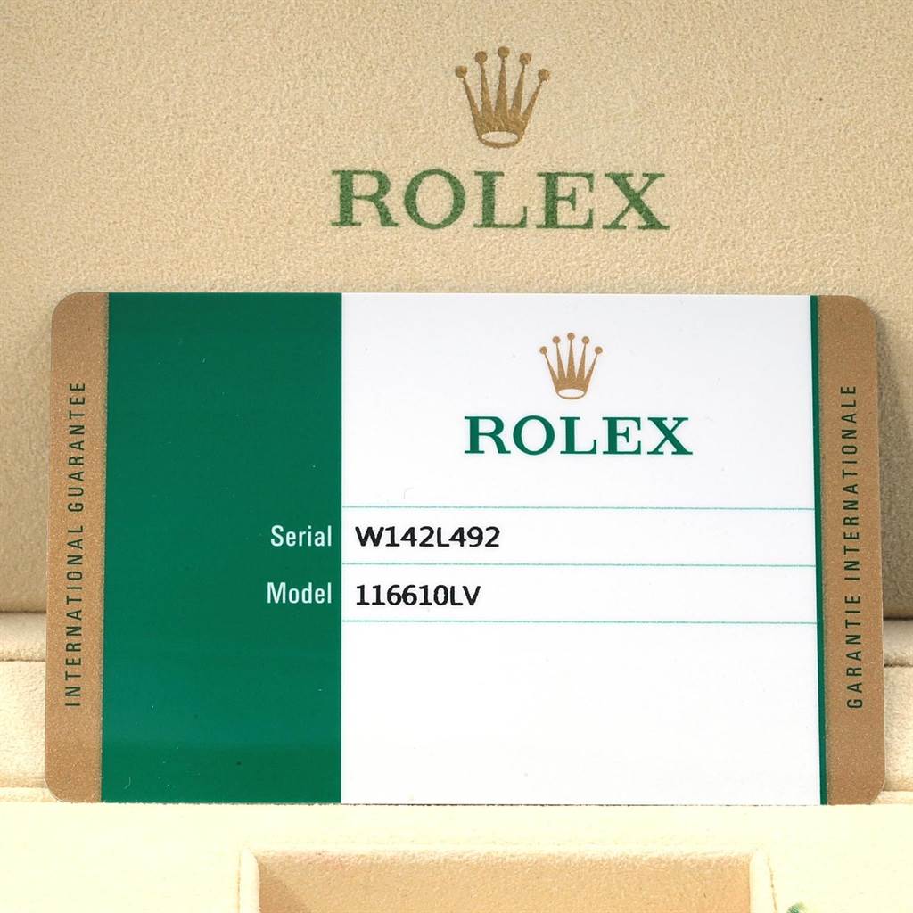 This image shows a warranty card for the Rolex Submariner 116610LV Men
s Stainless Steel Green Dial 116610LV Men
s Stainless Steel Green Dial model 116610LV, displayed against a branded background.