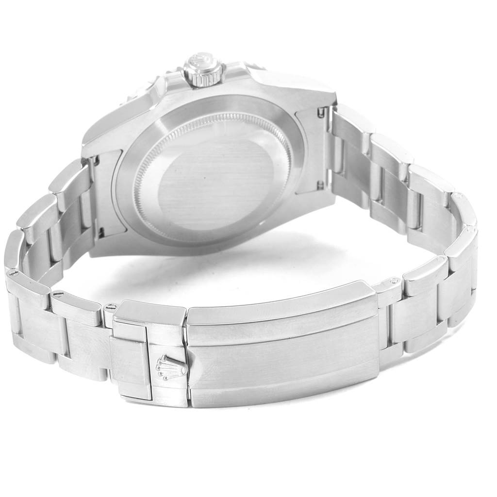 This image shows the back view of a Rolex Submariner 116610LV Men
s Stainless Steel Green Dial 116610LV Men
s Stainless Steel Green Dial watch, highlighting its caseback and bracelet clasp.