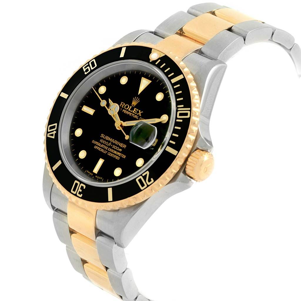 The image shows a Rolex Submariner 16613 Men's Steel and Gold (two tone) Black Dial 16613 Men's Steel and Gold (two tone) Black Dial watch at a three-quarter angle, highlighting its bezel, dial, bezel, and two-tone bracelet.