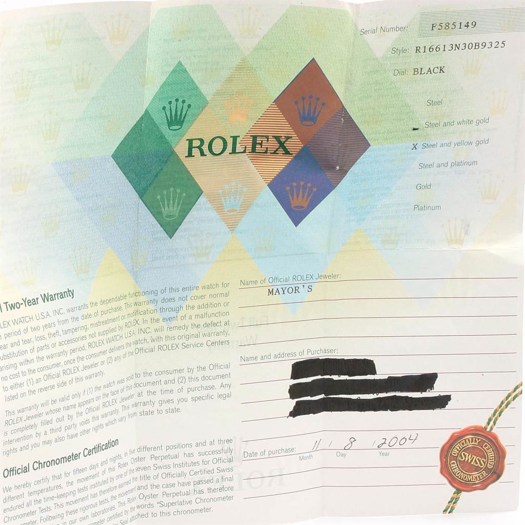 The image shows a warranty card for a Rolex Submariner 16613 Men's Steel and Gold (two tone) Black Dial 16613 Men's Steel and Gold (two tone) Black Dial model, with details like the serial number, style, and dial color.