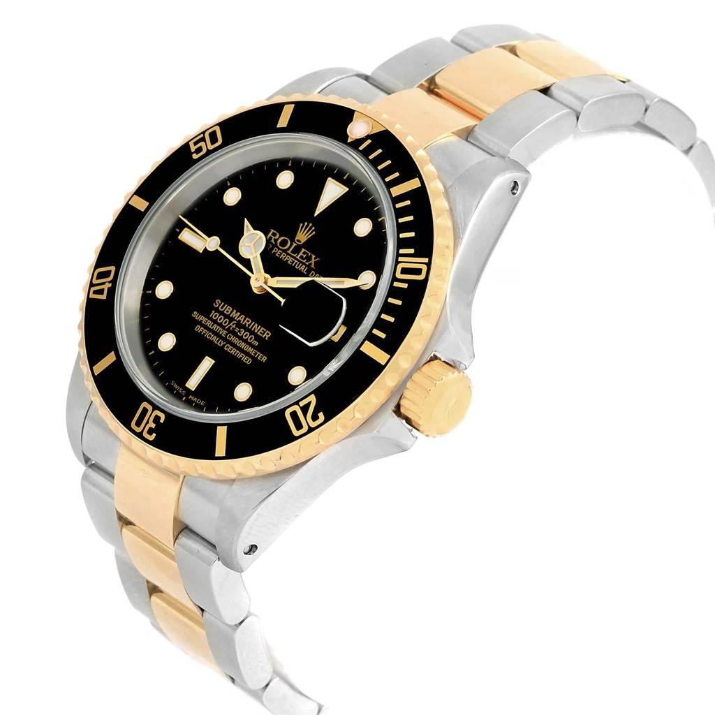 This Rolex Submariner 16613 Men's Steel and Gold (two tone) Black Dial 16613 Men's Steel and Gold (two tone) Black Dial watch is shown at a three-quarter angle, displaying the face, bezel, crown, and two-tone bracelet.