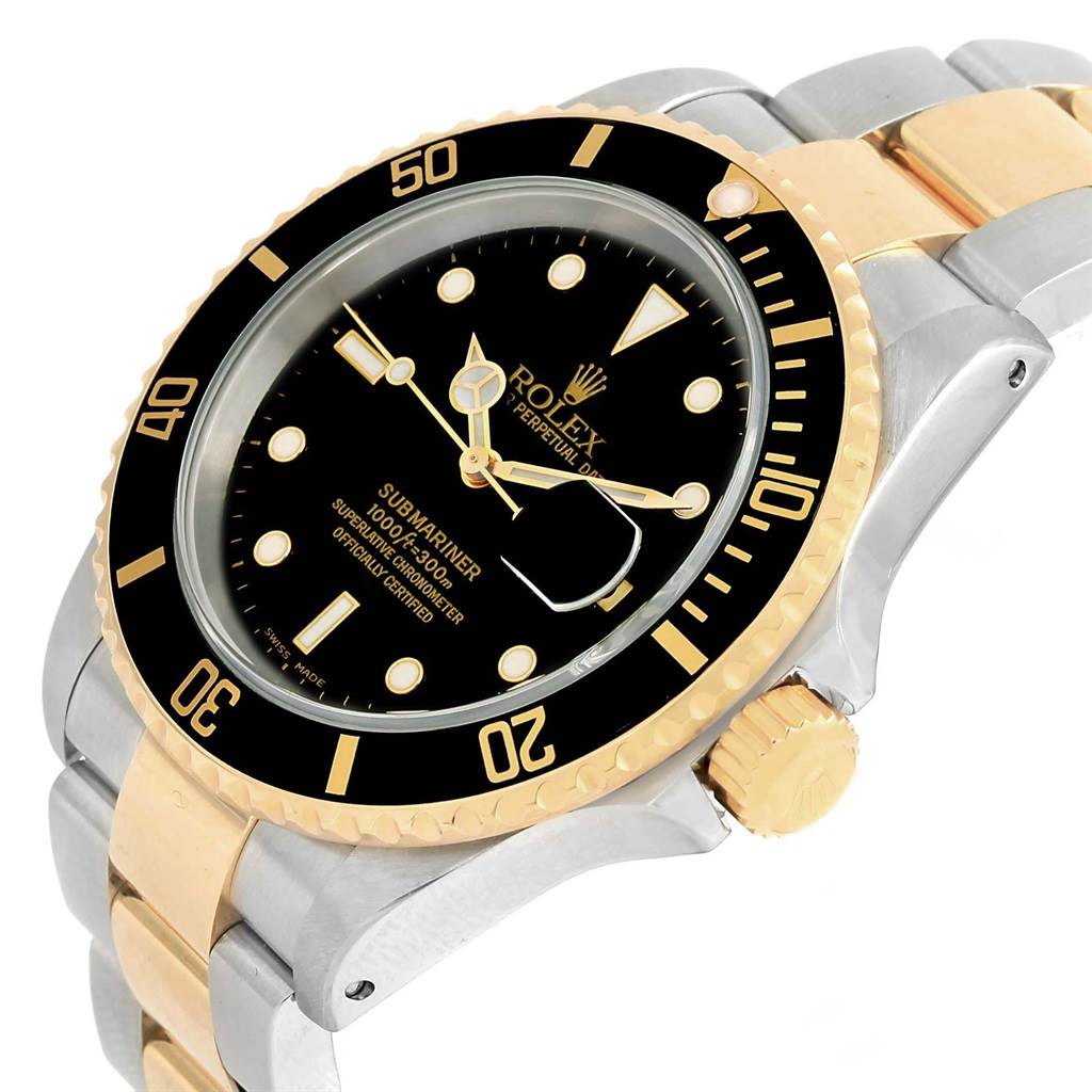 This image shows a Rolex Submariner 16613 Men's Steel and Gold (two tone) Black Dial 16613 Men's Steel and Gold (two tone) Black Dial watch from a 3/4 top angle, highlighting the bezel, dial, and part of the bracelet.