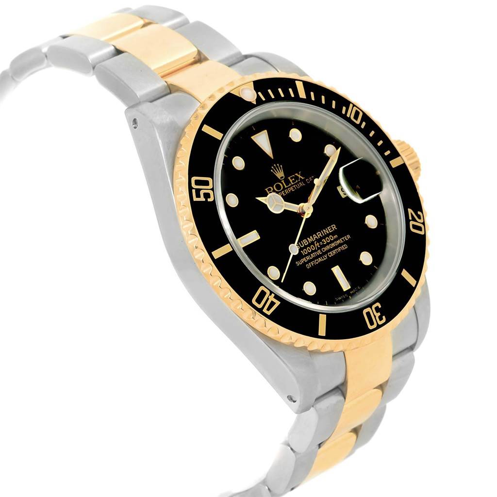 The Rolex Submariner 16613 Men's Steel and Gold (two tone) Black Dial 16613 Men's Steel and Gold (two tone) Black Dial watch is shown at a slight side angle, highlighting the black dial, gold and silver bracelet, and bezel.