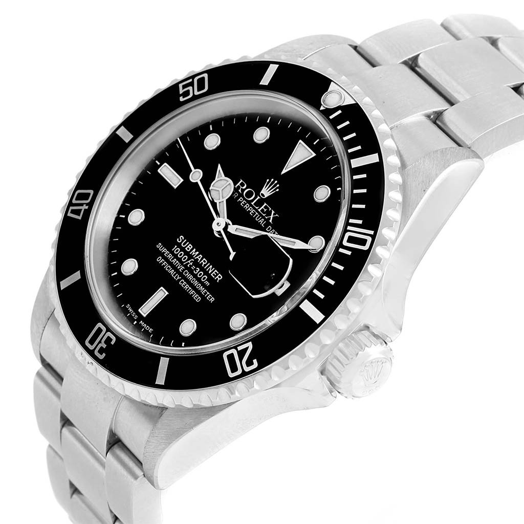 The image shows a Rolex Submariner 16610 Men
s Stainless Steel Black Dial 16610 Men
s Stainless Steel Black Dial watch at an angle highlighting its face, bezel, and part of the bracelet.