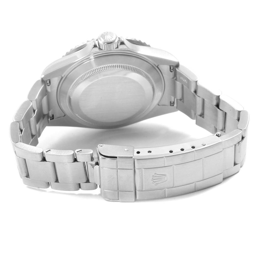 The image shows the back view of a Rolex Submariner 16610 Men
s Stainless Steel Black Dial 16610 Men
s Stainless Steel Black Dial watch, including the case back and bracelet with the clasp open.