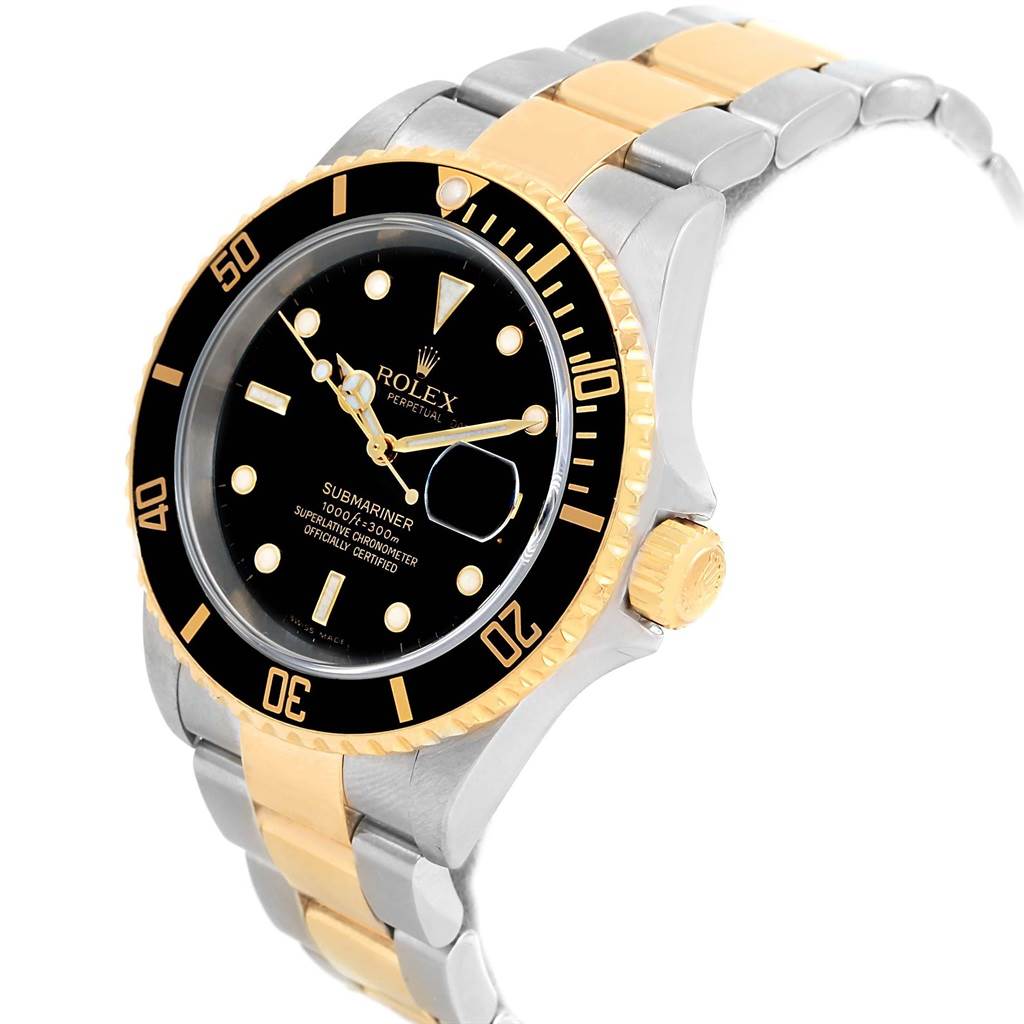 The image shows a Rolex Submariner 16613 Men's Steel and Gold (two tone) Black Dial 16613 Men's Steel and Gold (two tone) Black Dial watch from a three-quarter angle, highlighting the bezel, dial, crown, and bracelet.